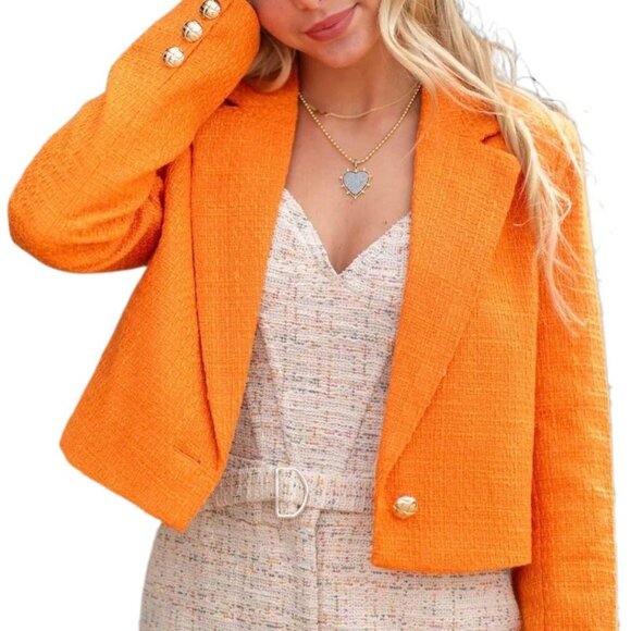 DOLCE CABO Shaniah Tweed Crop Blazer Single Button Jacket in Orange Size L NWOT - Picture 1 of 10